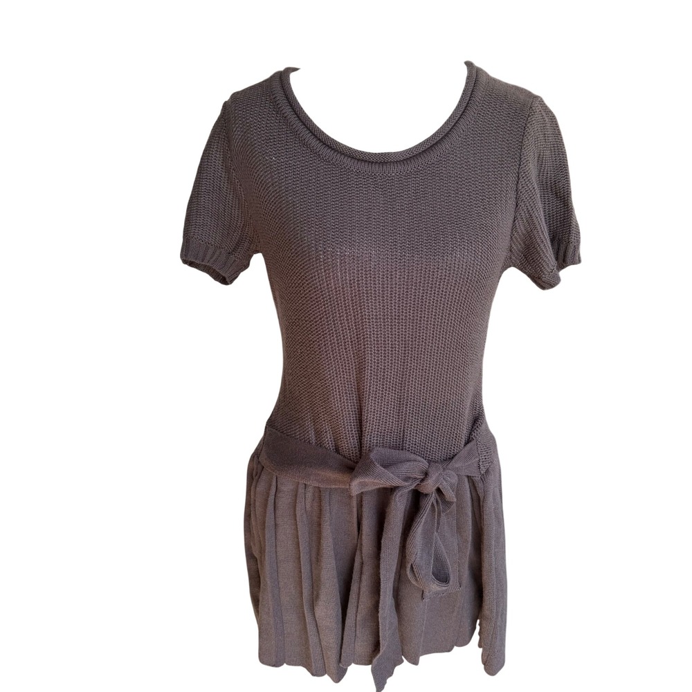 Gese‎ Knit Pleated Brown Mini Dress Short Sleeve Tie Waist Scoop Neck NWT sz M